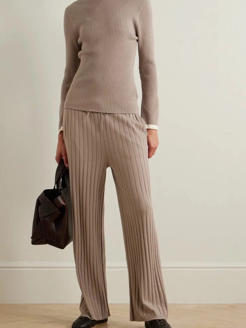 Varley Simeon Ribbed Knit Wide Leg Pants Trousers Beige Womens S Casual Lounge